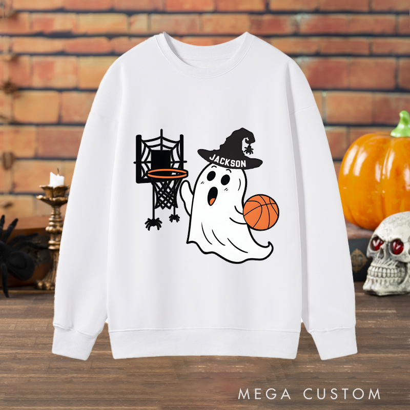 Personalized Halloween Ghost Basketball Sweatshirt with Custom Name and Spooky Hoop Design