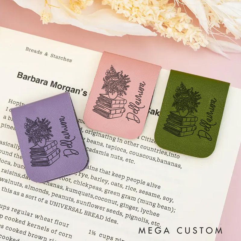 Personalized Book and Vase Flower Magnetic Bookmark Leather Bookmark Clip with Name Librarian Bookmark Book Lover Gift for Reader 