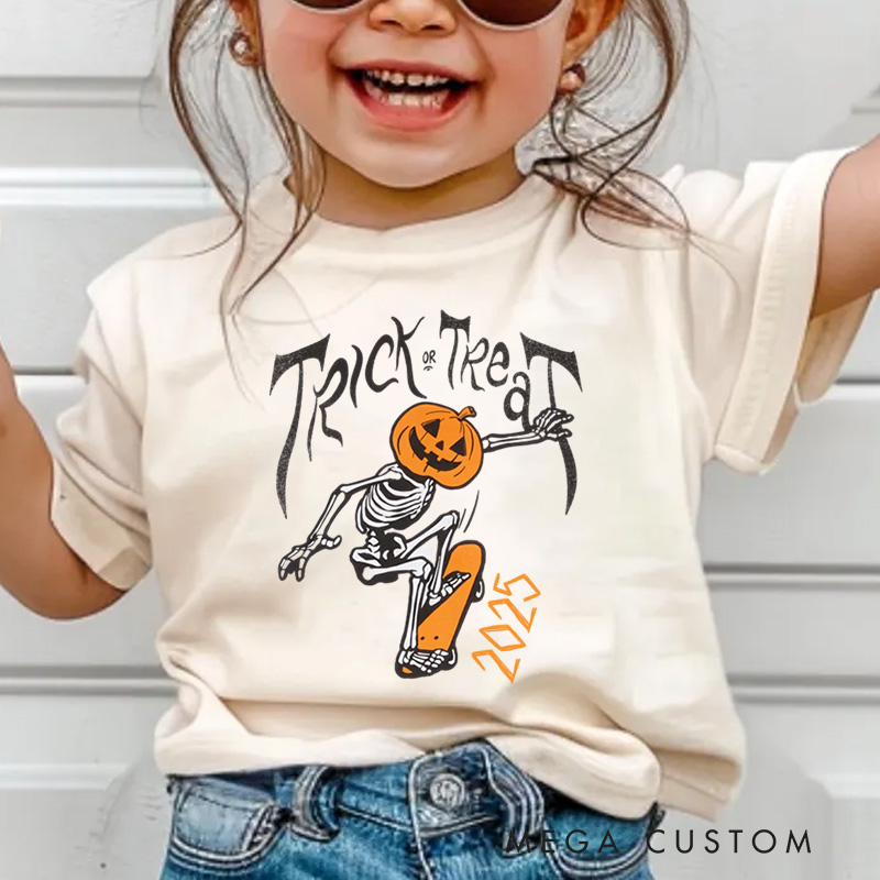 Personalized Trick or Treat Skeleton Pumpkin Halloween Kids T-Shirt