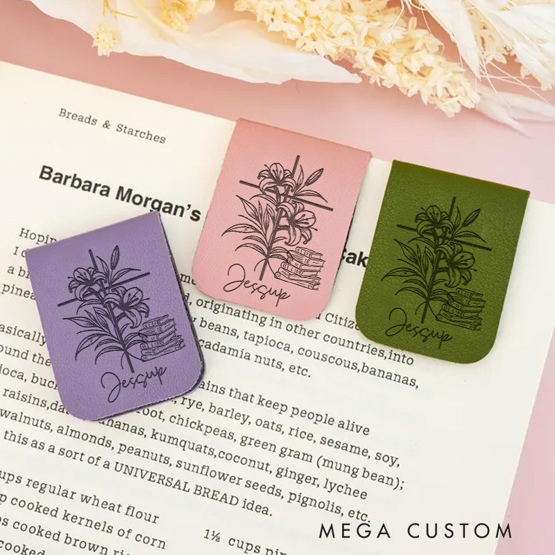 Personalized Book and Flower Cross Magnetic Bookmark  with Name Engraved Leather Bookmark Clip Book Lover Gift for Librarian Gift