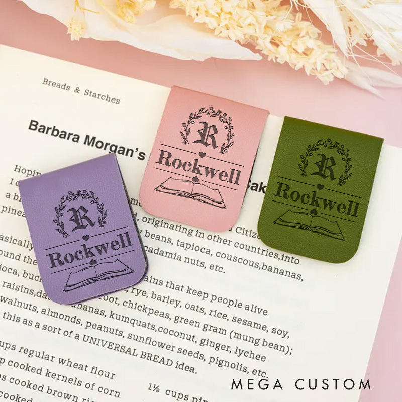 Personalized Initial Floral and Book Magnetic Bookmark Engraved Leather Bookmark Clip with Name Book Lover Gift for Reader Gift Bookish Gift