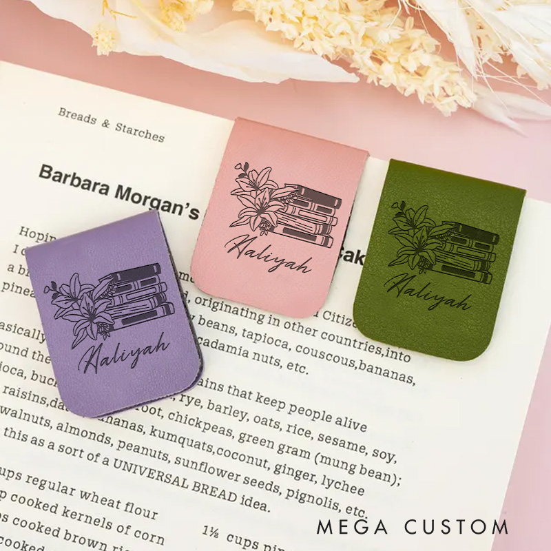 Personalized Lily Book Magnetic Bookmark Engraved Leather Bookmark Clip with Name Bookmark for Women Book Lover Gift for Bookish Gift