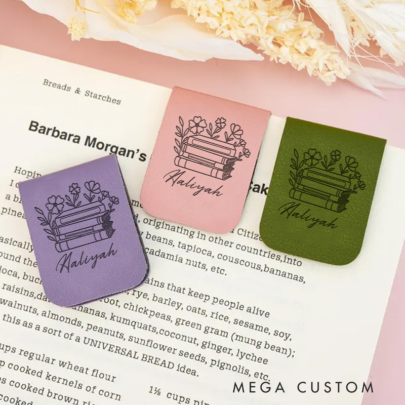 Personalized Book Flower Magnetic Bookmark Engraved Leather Name Bookmark Clip for Women Bookmark Book Lover Gift for Bookish Gift
