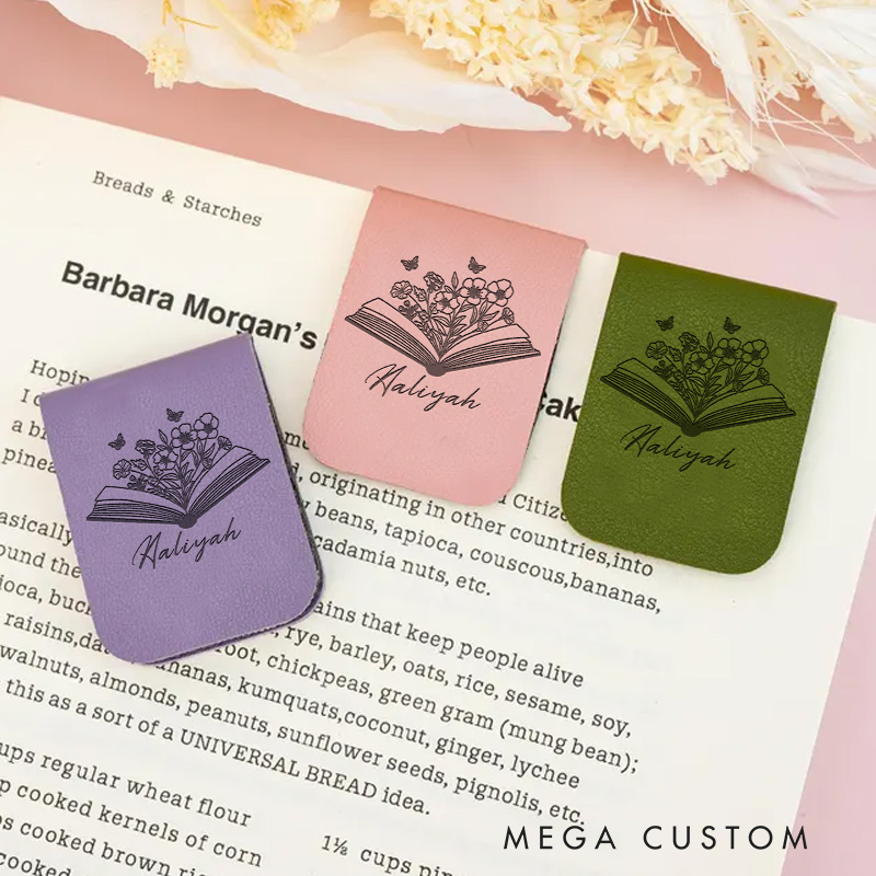 Personalized Opened Book and Flower Magnetic Bookmark Engraved Leather Name Bookmark Clip for Women Bookmark Book Lover Gift for Bookish Gift