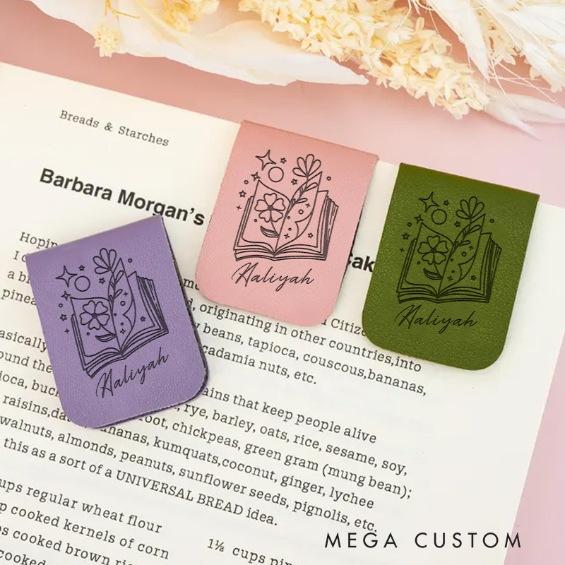 Personalized Flower Book and Moon Star Magnetic Bookmark Engraved Leather Bookmark Clip with Name Women Bookmark Book Lover Gift for Bookish Gift