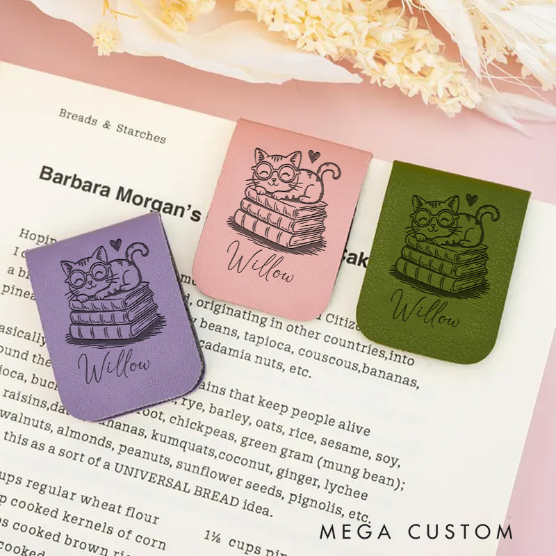 Personalized Book and Cute Cat Magnetic Bookmark Engraved Leather Bookmark Clip with Name Women Bookmark Book Lover Gift for Librarian Gift