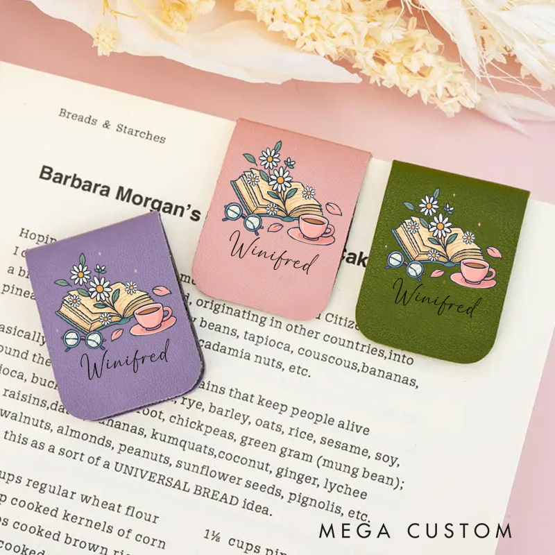Personalized Book Flower and Coffee Magnetic Bookmark Engraved Leather Name Bookmark Clip Women Bookmark Book Lover Gift for Reading Gift