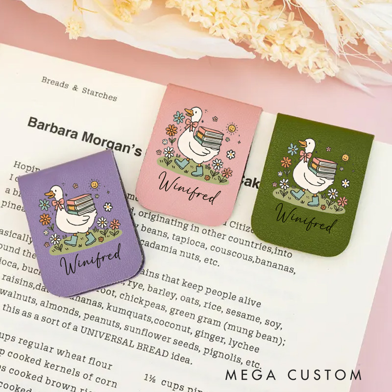 Personalized Duck Book and Flower Magnetic Bookmark Engraved Leather Bookmark Clip with Name Women Bookmark Book Lover Gift for Reading Gift