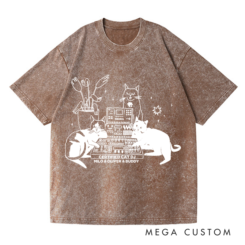 Personalized  Washed T-Shirts with Cat Sitting on Synthesizer and DJ Cat Illustration and Available in Multiple Colors