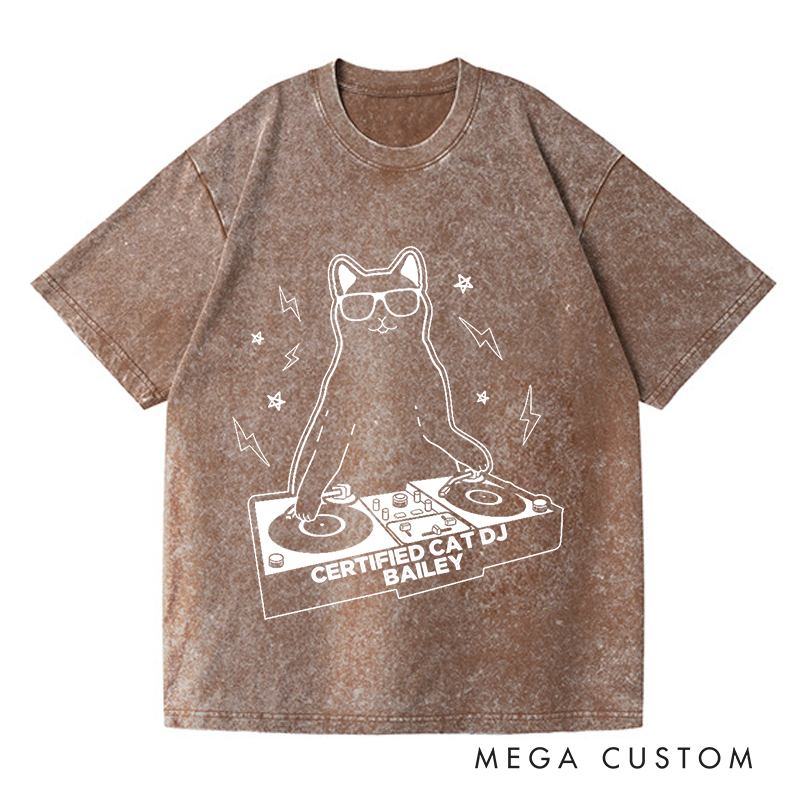 Personalized  Washed T-Shirts Funny Cat DJ Turntable T-Shirt