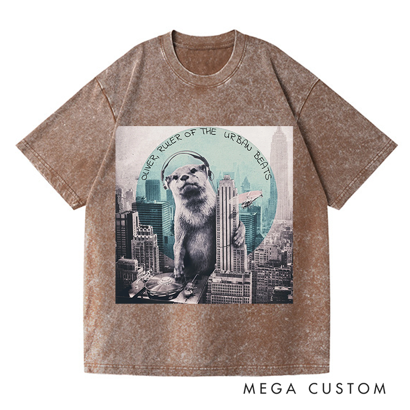 Personalized  Washed T-Shirts Funny Otter DJ Skyline Design and Unique Otter DJ Music Lover T-Shirt