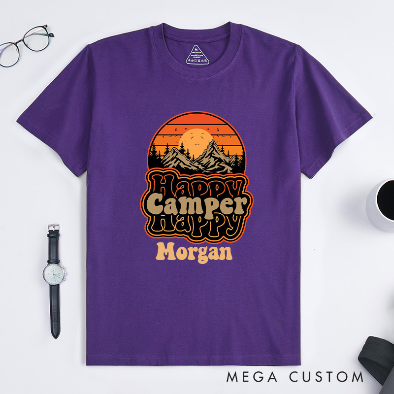 Personalized Happy Camper Retro Mountain SunseT-Shirt Camping Adventure Shirt for Nature Travelers Outdoors Lover Gift
