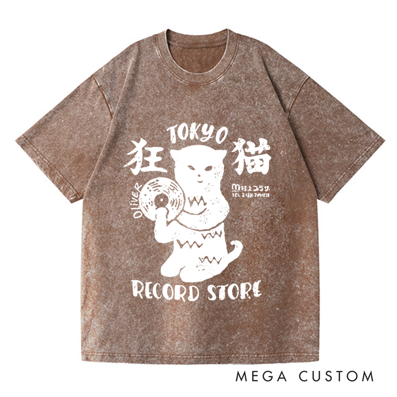 Personalized Washed T-Shirts Tokyo Record Store T-Shirt Vinyl Record Player Cool Vintage Rock Tee DJ Graphic Melting Band Music Tee