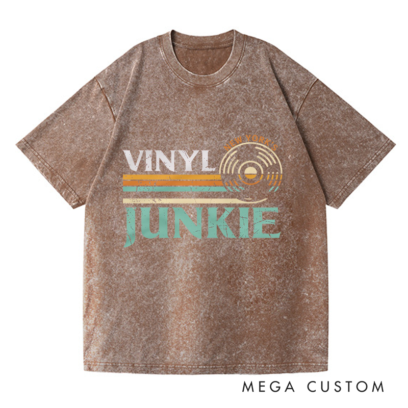 Personalized Washed T-Shirts Vinyl Junkie T-shirt Music Lovers LP Records DJ Turntable Vintage Design Tee Music Collector Gift