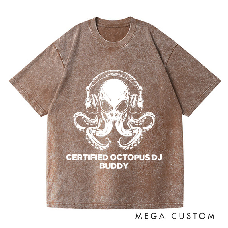 Personalized Washed T-Shirts Unique Octopus DJ Music Lover and Cool Octopus DJ Headphones Art T-Shirt