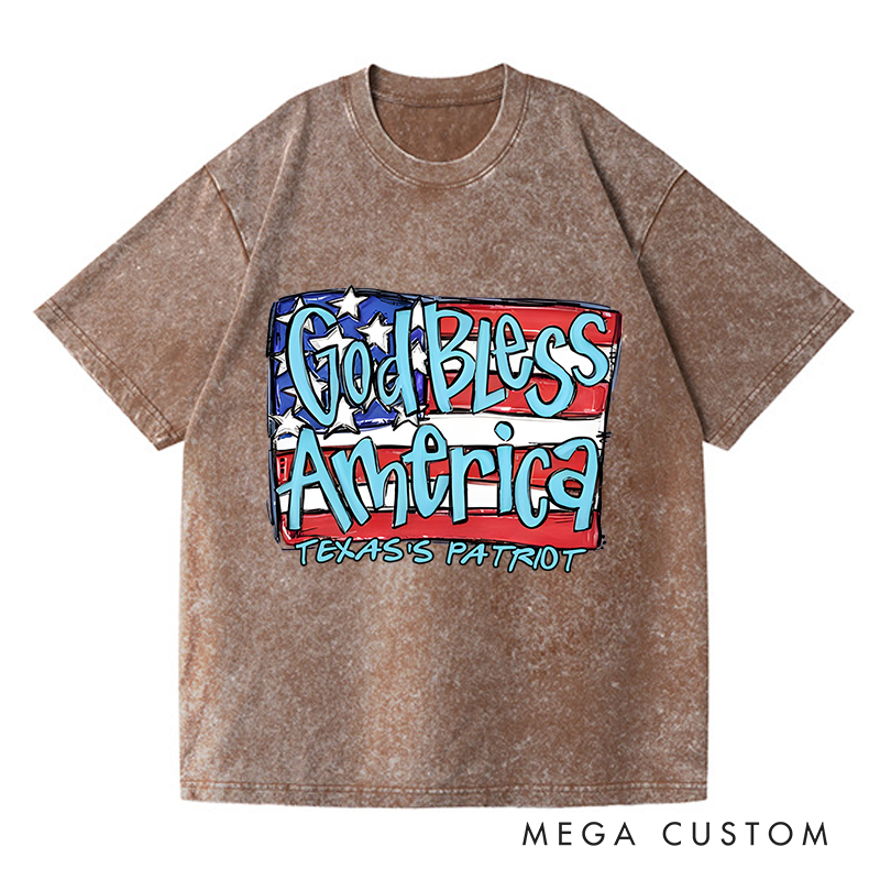 Personalized Washed T-Shirts God Bless America Patriotic and Red White and Blue American Flag T-Shirt