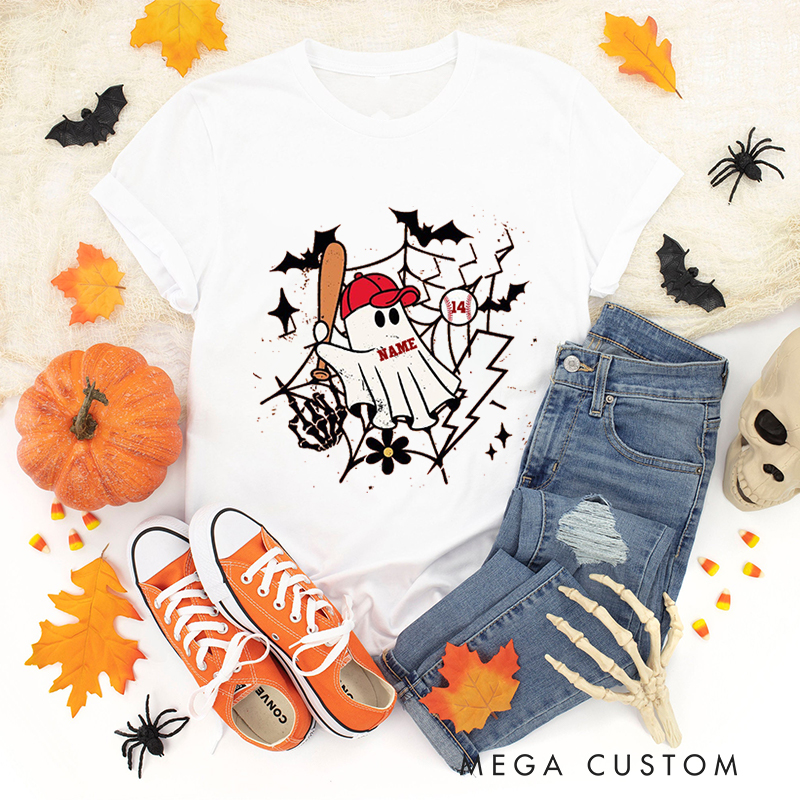Personalized Halloween Ghost Baseball T-Shirt with Custom Name and Number 