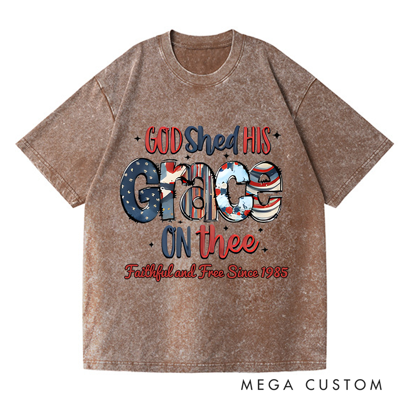 Personalized Washed T-Shirts God Shed His Grace on Thee and Red White and Blue American Flag T-Shirt