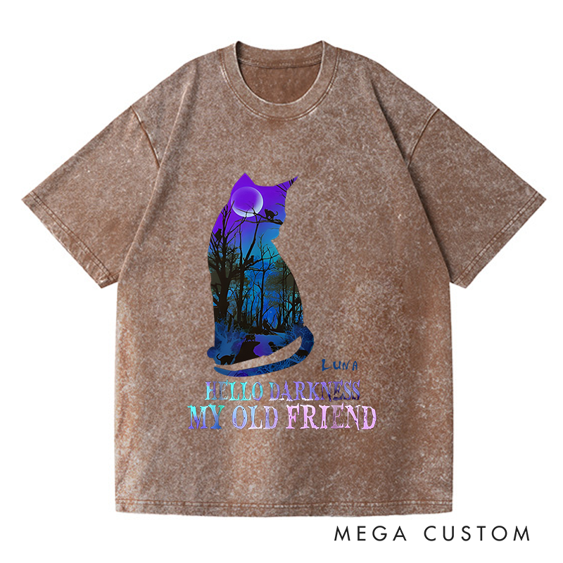 Personalized Washed T-Shirts Hello Darkness My Old Friend and Halloween Mystical Cat and Moonlit Forest Graphic T-Shirt