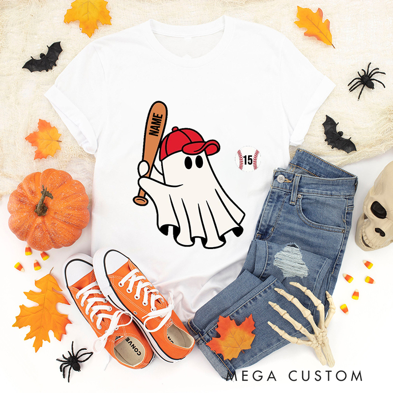 Personalized Halloween T-Shirt with Ghost Holding Bat Custom Text 
