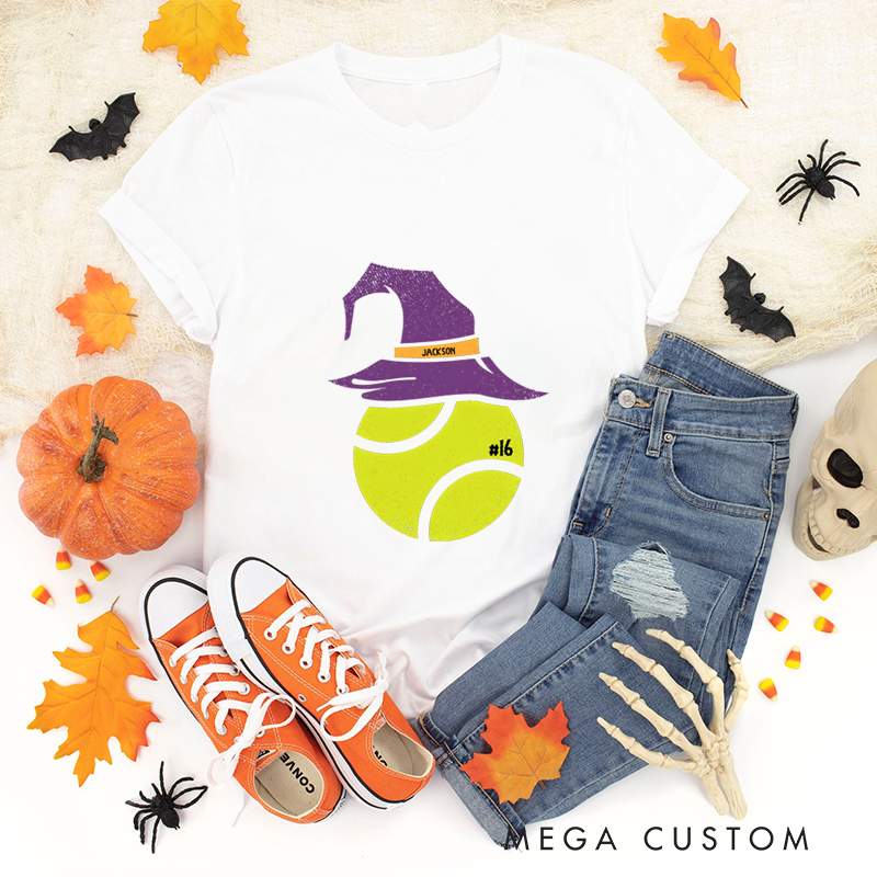 Personalized Halloween Tennis T-Shirt with Witch Hat, Custom Name, and Number