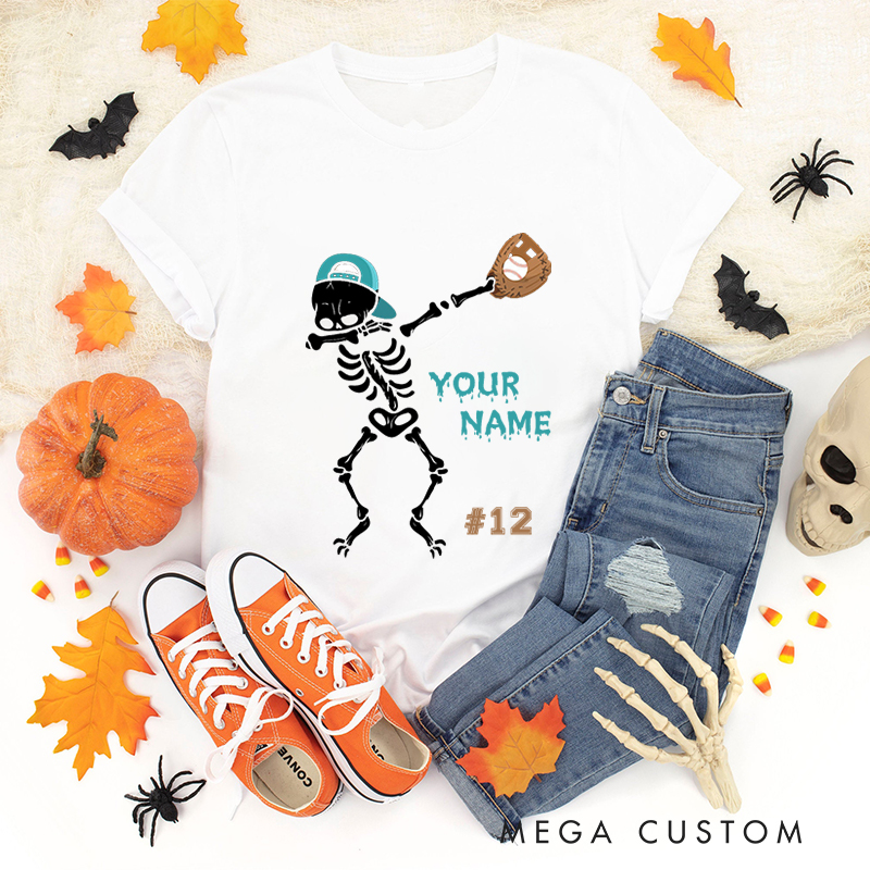 Personalized Skeleton Baseball T-Shirt with Custom Team Name and Number