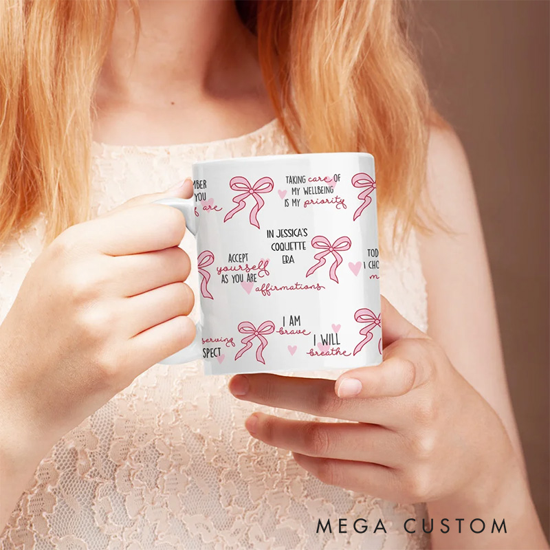 Personalized Coquette Bow Blessed Words of Bible 11oz 15oz Ceramic Mug with Text Birthday Motivational Gift for Her