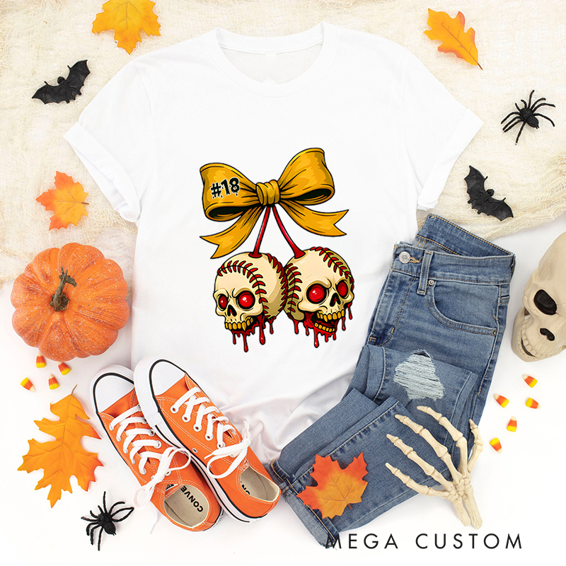 Personalized Halloween Themed Shirt with Skull Baseballs and Custom Number