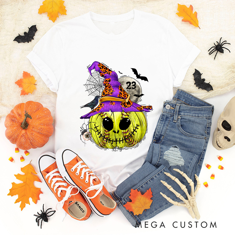 Personalized Enchanted Softball Pumpkin Witch T-Shirt with Custom Number
