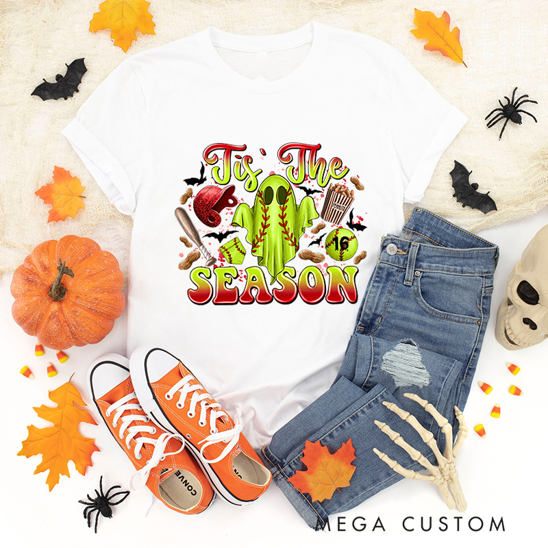 Personalized Halloween Softball Ghostly Cheer t-shirt with Custom Number