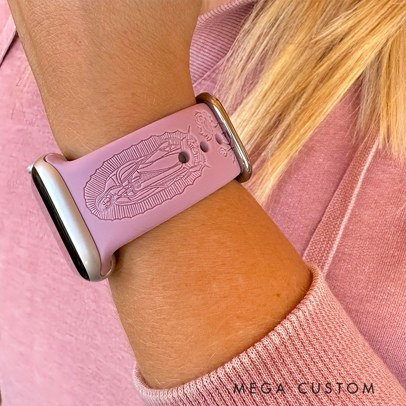 Personalized Virgin Mary with Cross Silicone Watch Band with Name for Apple Watch Religious Christian Gift for Her Mother’s Day Gift