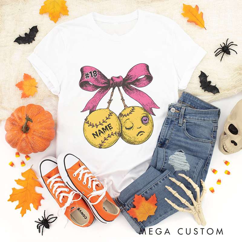 Personalized Halloween Baseball T-Shirt with Custom Name and Pink Bow Design  