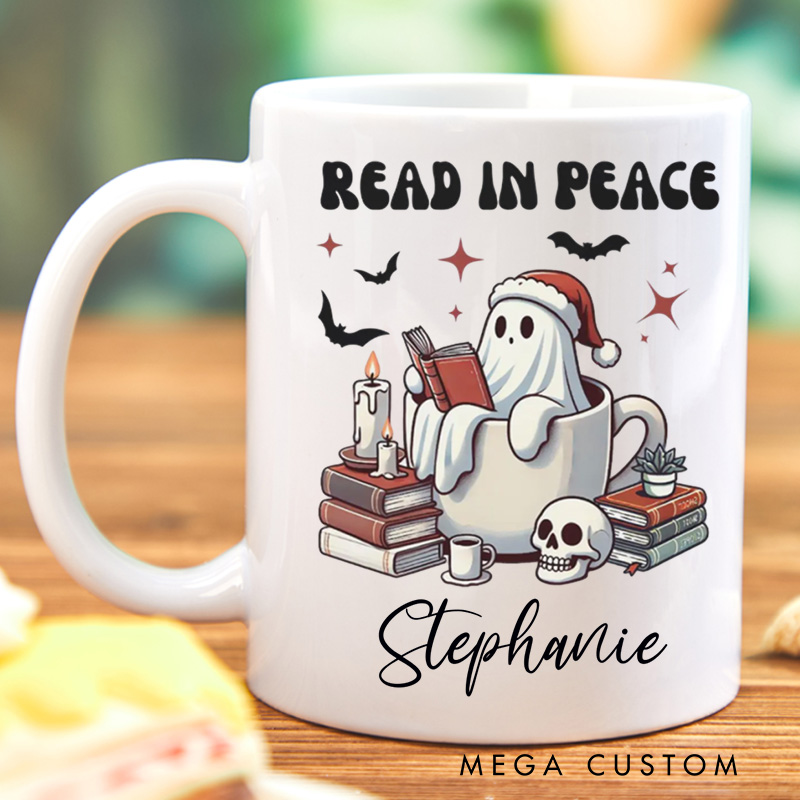 Personalized Read in Peace Mugs Custom Halloween Ghost Mug with Name Reading Mug Book Lover Gift Bookish Halloween Gift