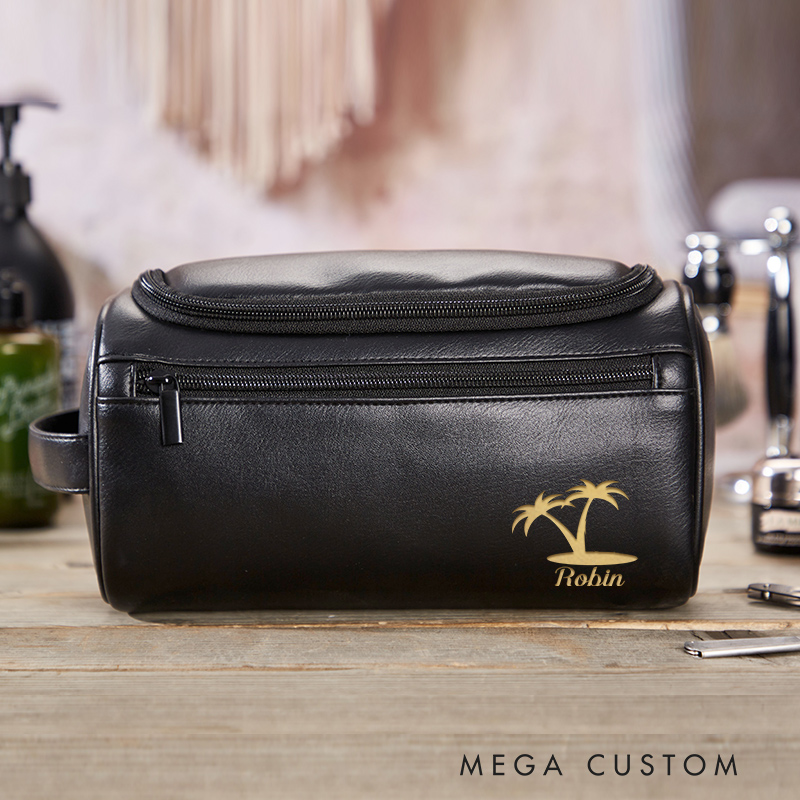 Personalized Palm Tree Toiletry Bag Leather Toiletry Bag for Traveling Lovers Vacation Travel Gift for Him