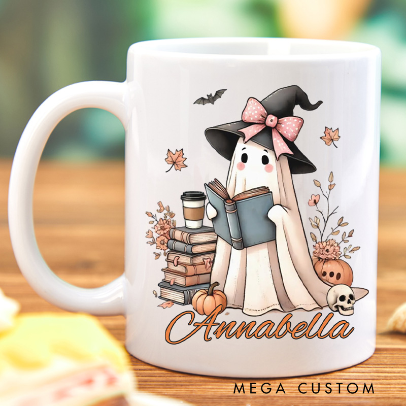 Personalized Ghost with Book Mugs For Halloween Lover Custom Reading Ghost with Name Book Lover Gift Reading Lover Gift Halloween Gift