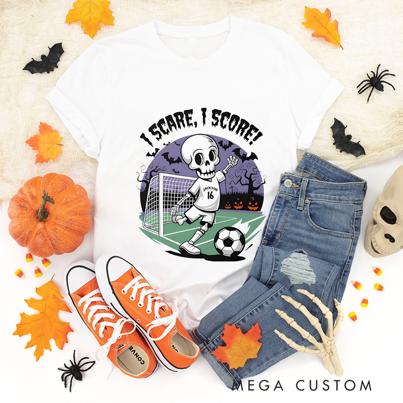Personalized Halloween Soccer T-Shirt with Skeleton Design, Custom Name, and Number