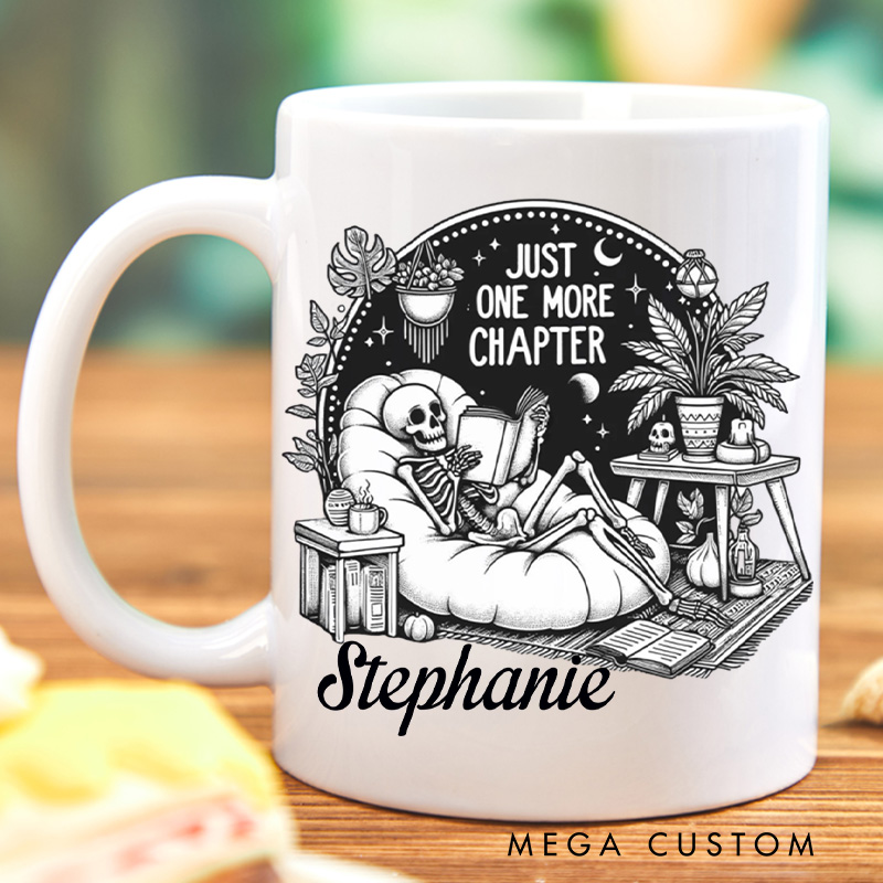 Personalized Just One More Chapter Mugs Halloween Skeleton Mug with Name Custom Spooky Mug Book Lover Gift Librarian Gift Halloween Gift