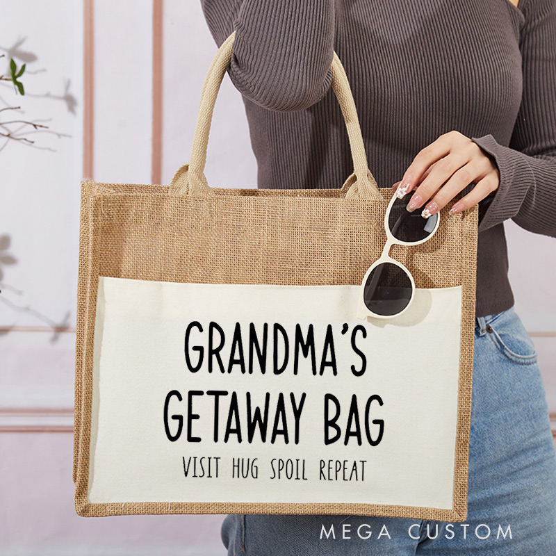 Personalized Grandma's Getaway Bag Tote Bag Gift for Traveling Lovers Vacation Gift Jute Bag for Her