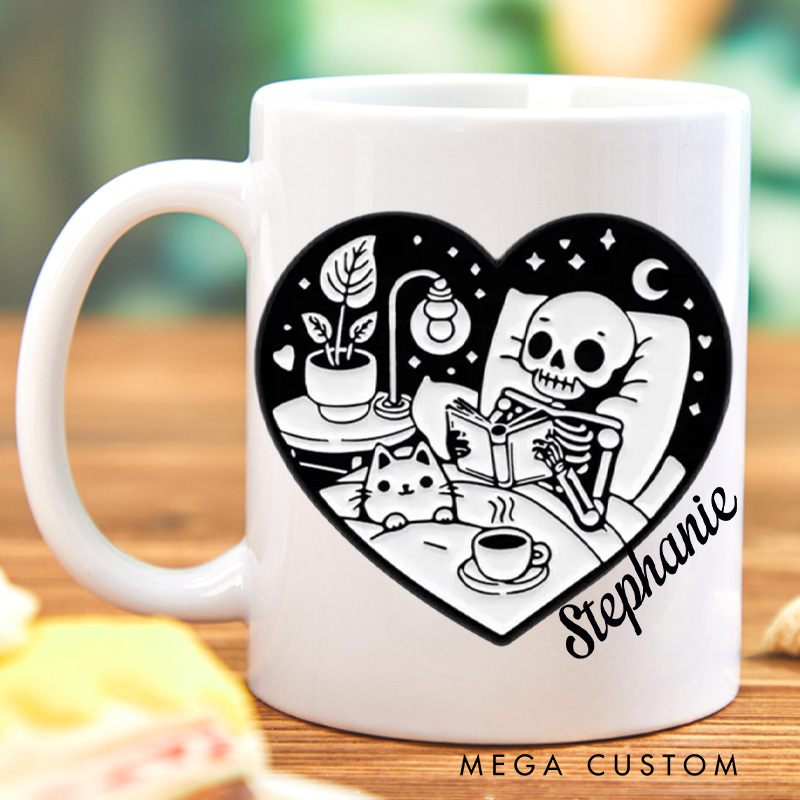 Personalized Skeleton Reading Book Mugs Custom Heart Shape Around Skeleton and Cat with Name Book Lover Gift Librarian Gift Halloween Gift
