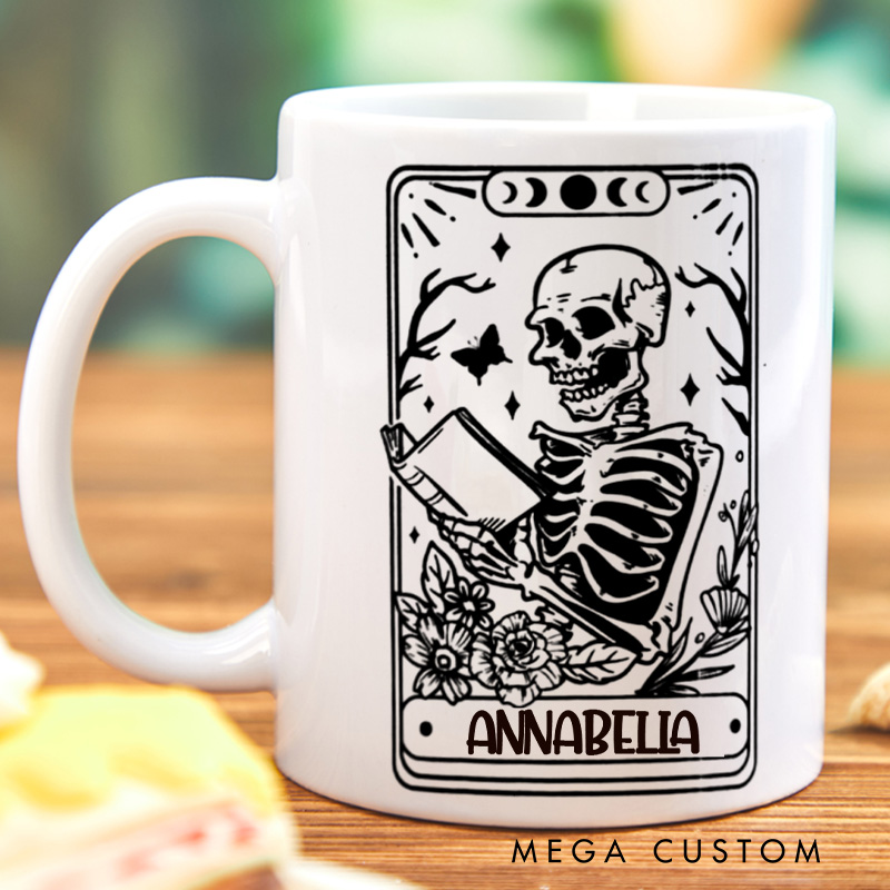Personalized Tarot Book Mugs Custom Reading Skeleton Coffee Mug with Name Bookish Mug Book Lover Gift Librarian Gift Halloween Gift