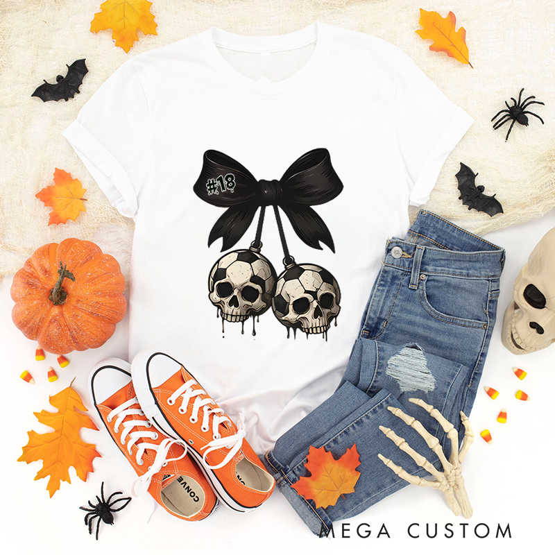 Personalized Spooky Soccer T-Shirt Featuring Custom Number and Skull Graphics 