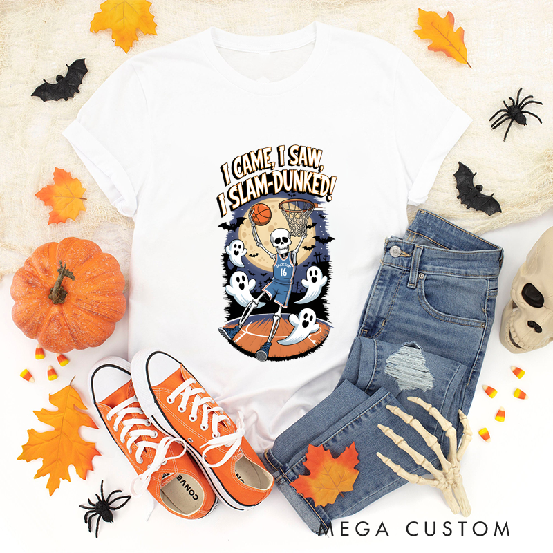 Personalized Halloween Basketball T-Shirt with Skeleton Design, Custom Name, and Number