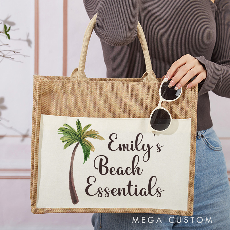Personalized Beach Essentials Tote Bag Gift for Traveling Lovers Beach Vacation Gift Jute Bag for Her