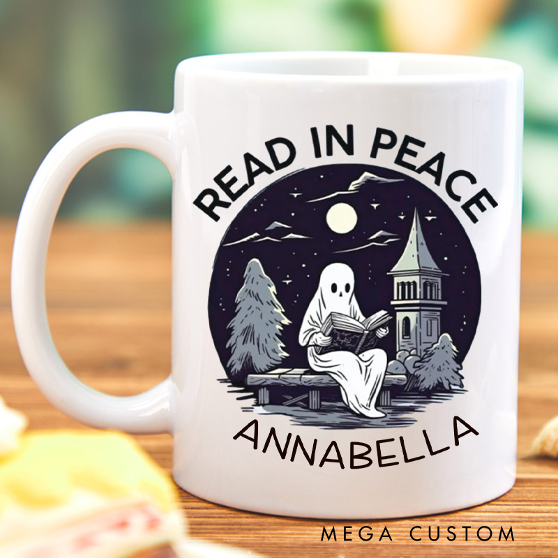 Personalized Read in Peace Mugs Custom Reading Ghost Halloween Coffee Mug with Name Librarian Mug Book Lover Gift Bookish Gift Halloween Gift