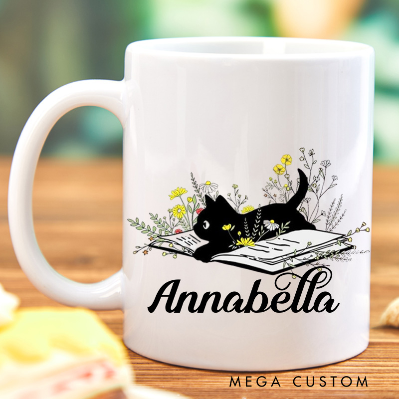 Personalized Black Cat and Book Mugs Custom Flower Book Coffee Mug with Name Librarian Mug Book Lover Gift Bookish Gift Librarian Gift