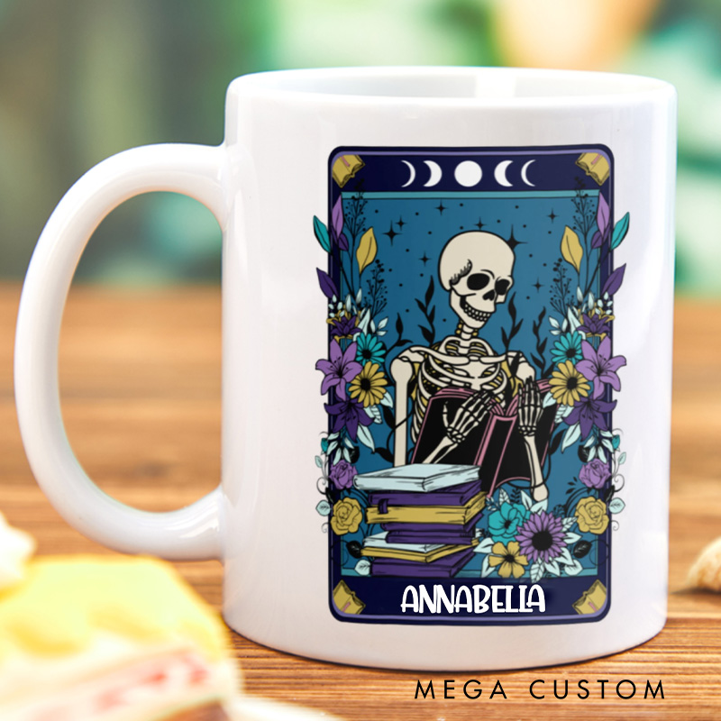 Personalized Skeleton Tarot Card Mugs Custom Skeleton Reader Coffee Mug with Name Halloween Librarian Mug Book Lover Gift for Bookish Halloween Gift