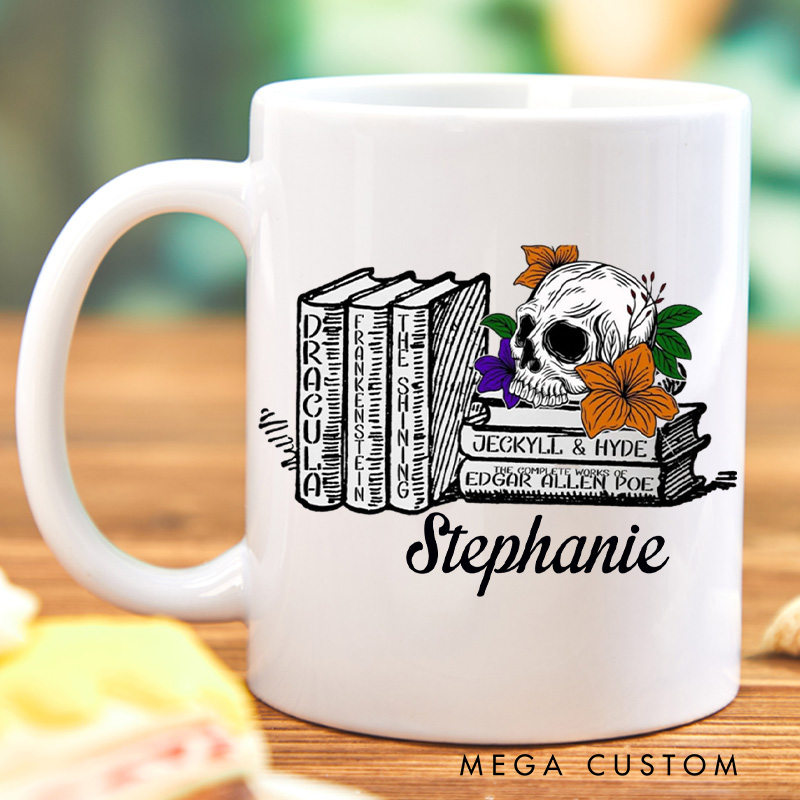 Personalized Spooky Book Mugs Custom Floral Skull Coffee Mug with Name Halloween Librarian Mug Book Lover Gift for Bookish Halloween Gift