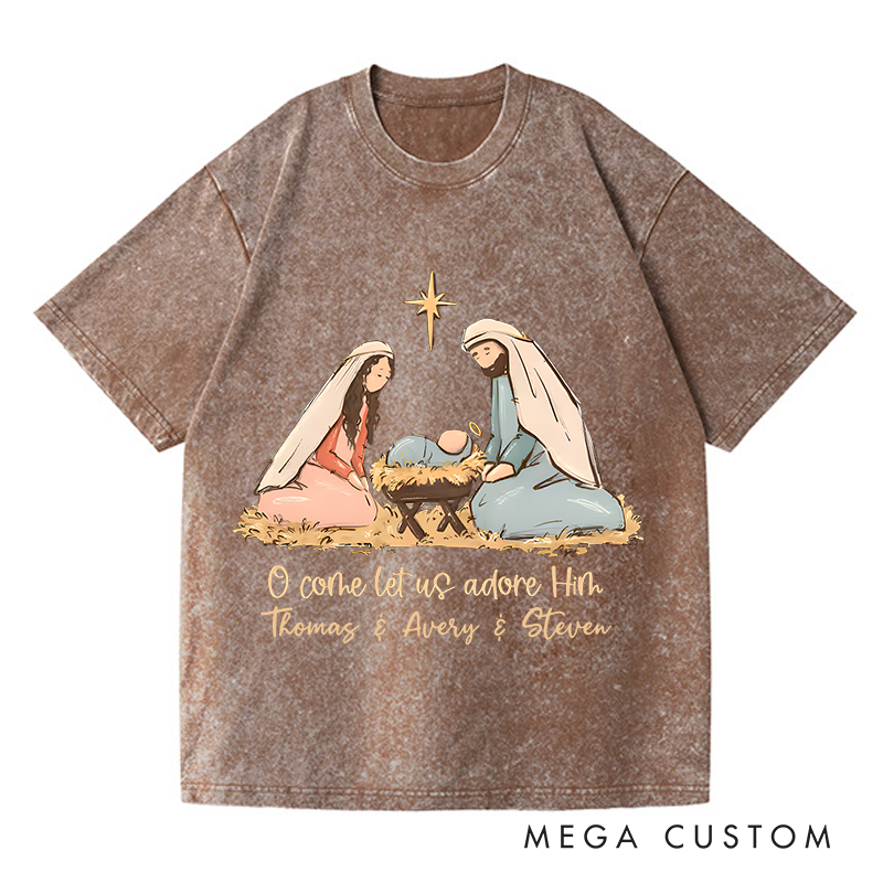 Personalized Washed T-Shirts O Come Let Us Adore Him Nativity Scene Inspirational T-Shirt