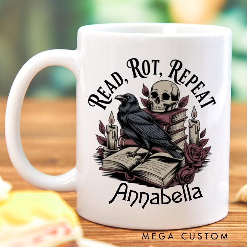 Personalized Read Rot Repeat Mugs Gothic Raven Skull Coffee Mug with Name Halloween Coffee Cup Book Lover Gift for Bookish Gift