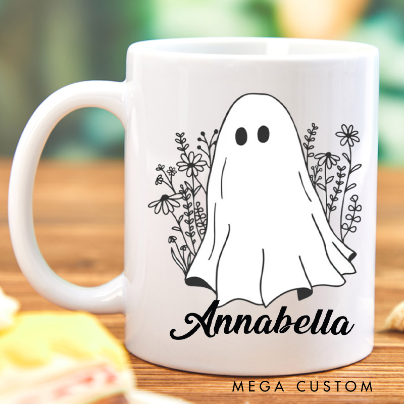 Personalized Wildflower Ghost Mugs Floral Ghost Halloween Coffee Mug with Name Flower Halloween Mug Book Lover Gift for Librarian Gift